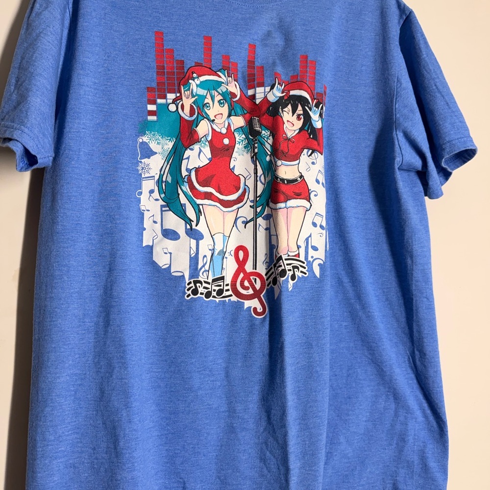 Gildan Blue Anime Graphic Button Down Shirt with Red and White Accents